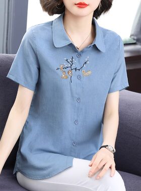 纯棉短袖衬衫女装2025夏季新款洋气刺绣妈妈上衣大码女士衬衣外套