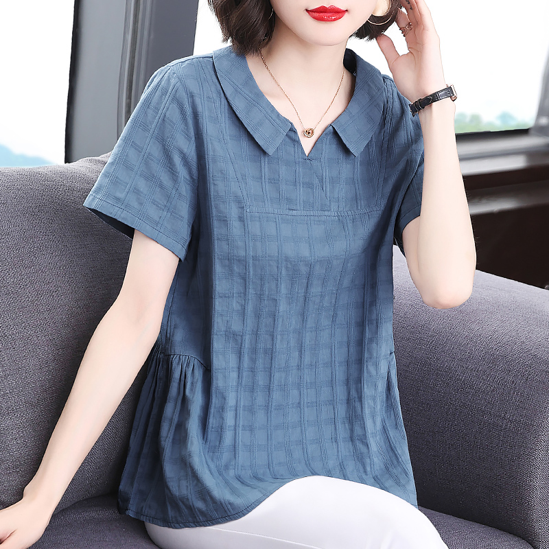 纯棉短袖t恤女装2025夏季新款妈妈娃娃领衬衫大码胖mm宽松上衣服
