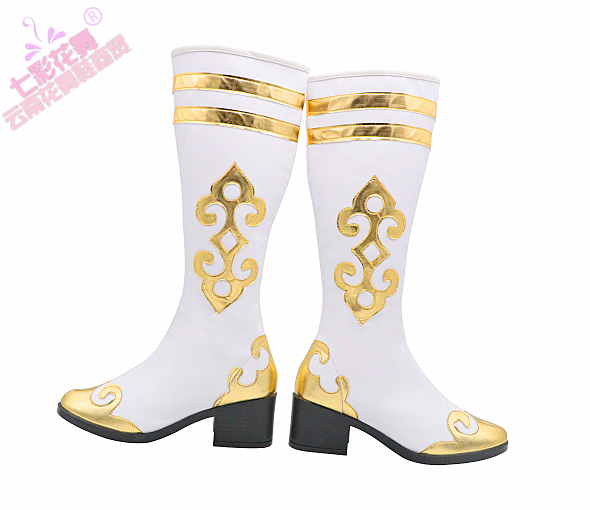 新疆民族风藏族舞蹈靴少数民族舞蹈鞋子白色孙悟空花演出舞蹈靴