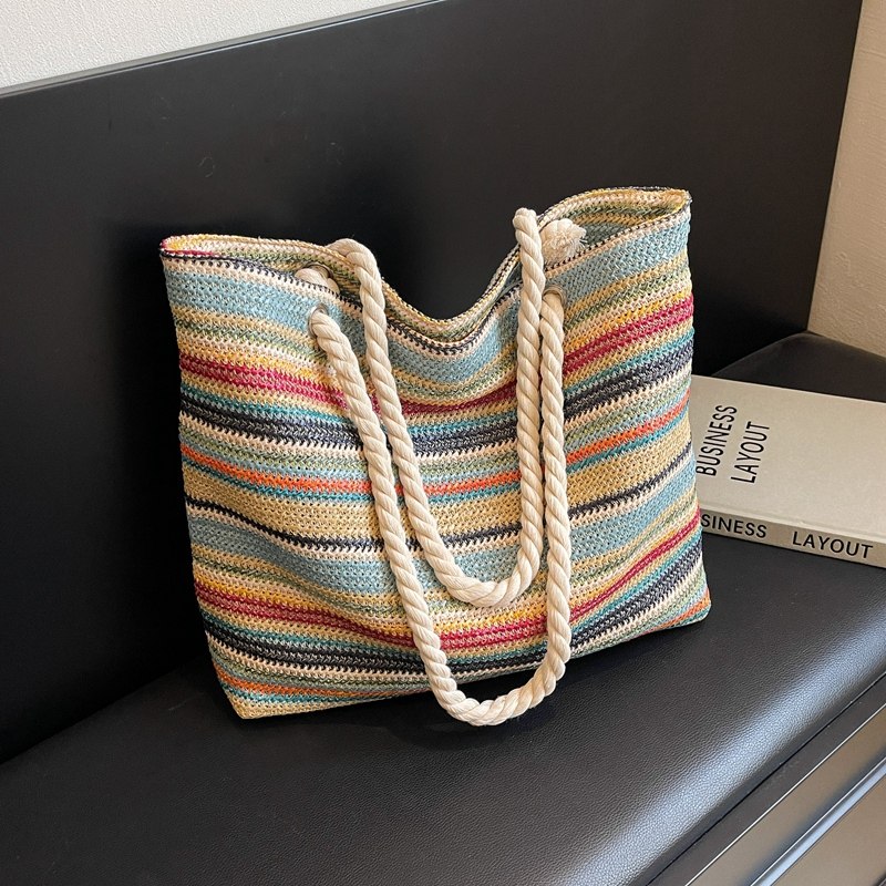 夏季小众设计彩虹草编托特大包2024新款女式大容量单肩手提编织包,箱包皮具/热销女包/男包,托特包,淘宝优惠券,粉丝福利购,淘宝优惠卷