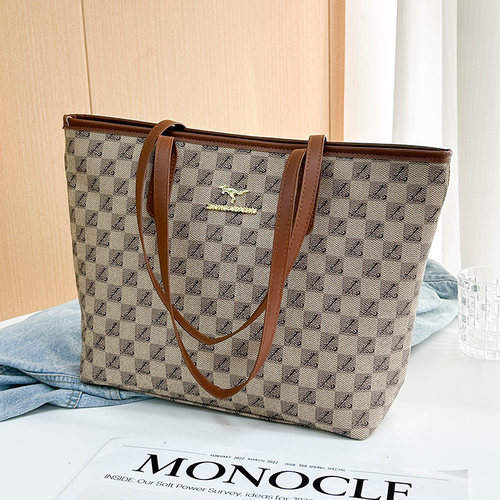 欧美风新款大包包女单肩手提包pu软皮格子包女士百搭通勤托特包女