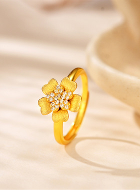 金店同款沙金拉丝花瓣戒指女小巧甜美点钻镀金开口指环