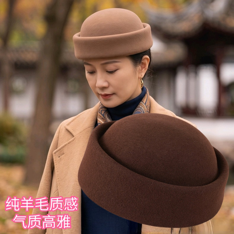 法式减龄凸顶定型羊毛小礼帽女日系光板药盒帽可爱甜美秋冬贝雷帽