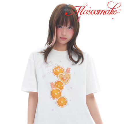 MASOOMAKE夏季橙子印花白色T恤2026年新款宽松T恤休闲百搭上衣女