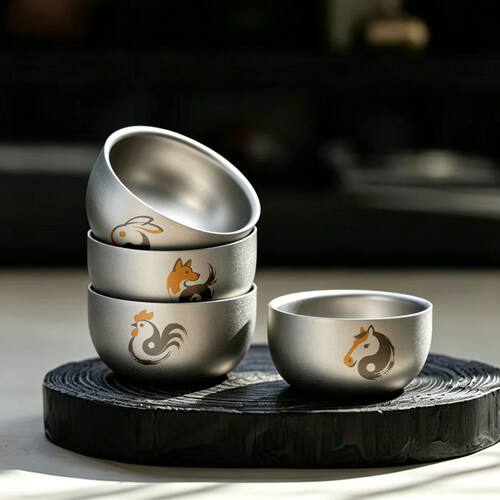 纯钛双层茶杯可爱风生肖图案钛合金茶杯套装轻奢迷你茶具礼品高端