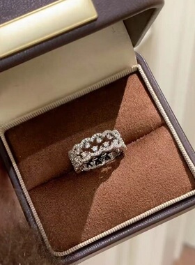S925纯银戒指小皇冠锆石镶钻复古精致时尚蕾丝花边单排钻个性环女