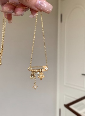 法式意大利黄水晶鸢尾花别针拉丝项链轻奢小众高端级设计感锁骨颈