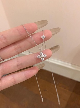 S925通体纯银项链四叶草花之恋超闪锆石轻奢高端小众级碳钻锁骨颈