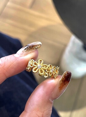 S925纯银戒指意大利复中古拉丝蕾丝花朵轻奢高端小众级感镶钻锆石
