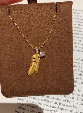 S925纯银项链拉金丝工艺羽毛镶钻锆石轻奢高端小众级设计感锁骨颈