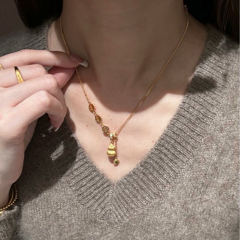 S925纯银项链新中式拉丝福禄葫芦镶钻锆石轻奢高端小众级设计感颈