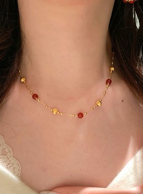 S925纯银项链欧美复古镭射猫眼红玉髓时尚轻奢高端小众锁骨颈手链