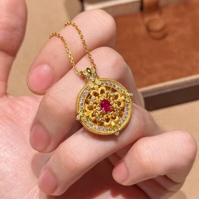 S925纯银项链复中古鸢尾花红宝锆石镶钻罗盘轻奢高端小众级感颈链