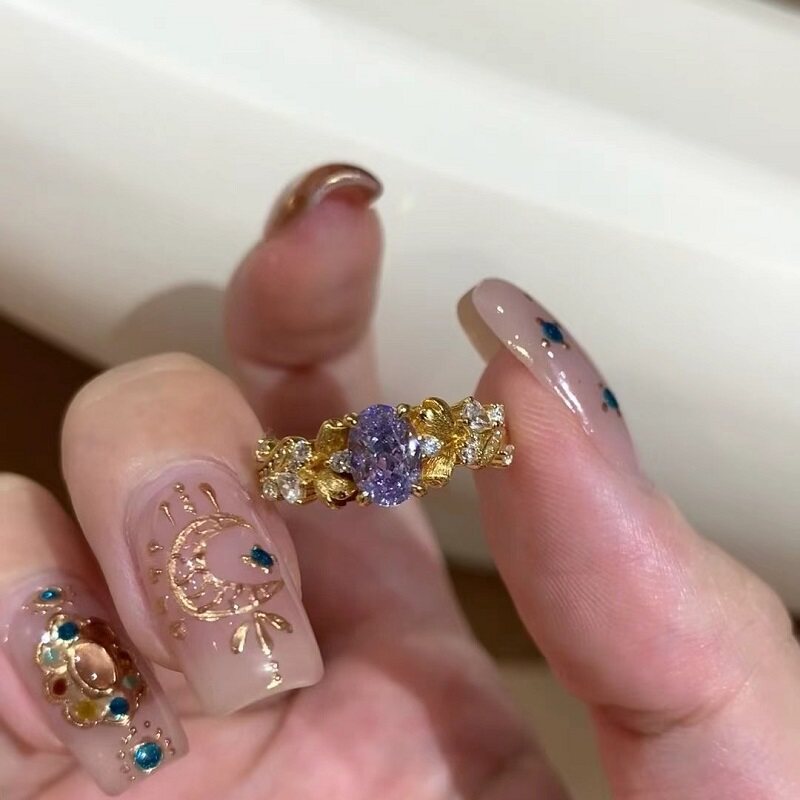S925纯银戒指满天星镶钻锆石紫色荆花轻奢高端小众级设计感时尚潮