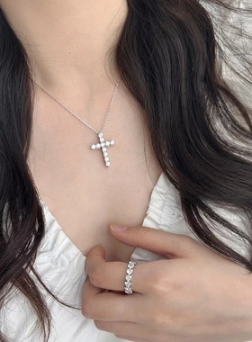 S925纯银项链十字架镶满钻超闪锆石轻奢高端小众级感百搭锁骨颈链