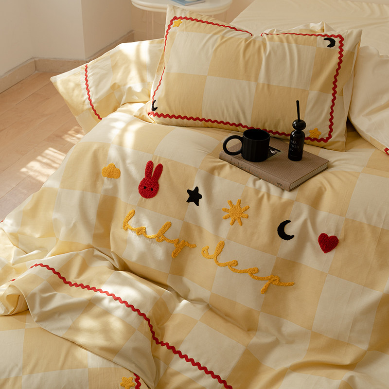 【富山草莓】卡通可爱奶油黄格子小兔子四件套全棉纯棉被套床单