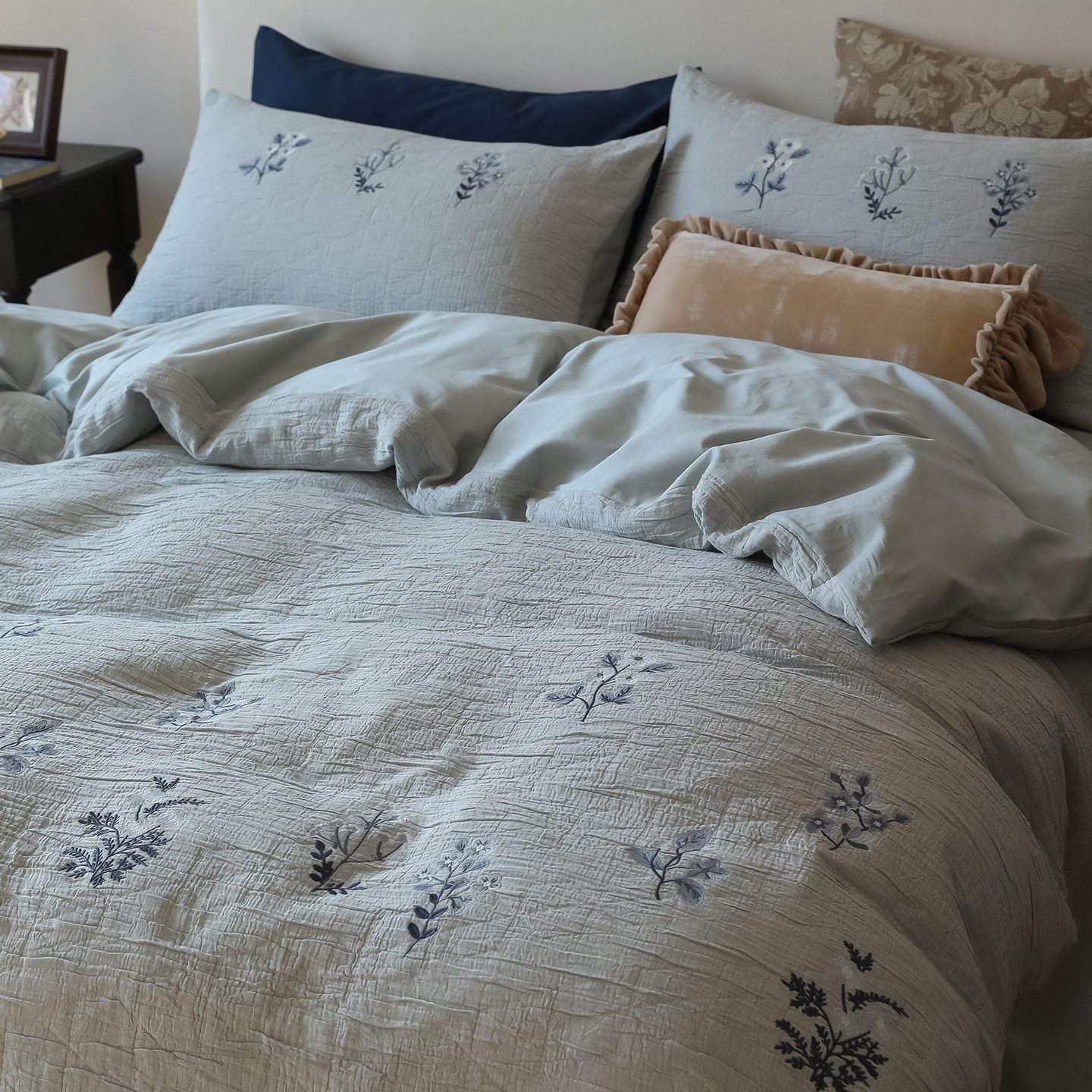 【富山草莓】高级感薰衣草三层皱皱纱四件套全棉纯棉水洗床单被套