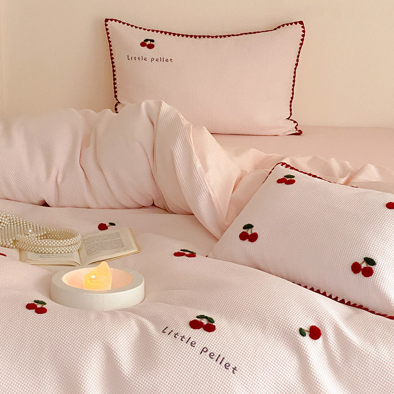 【富山草莓】少女心可爱樱桃华夫格全棉水洗棉四件套纯棉被套床单