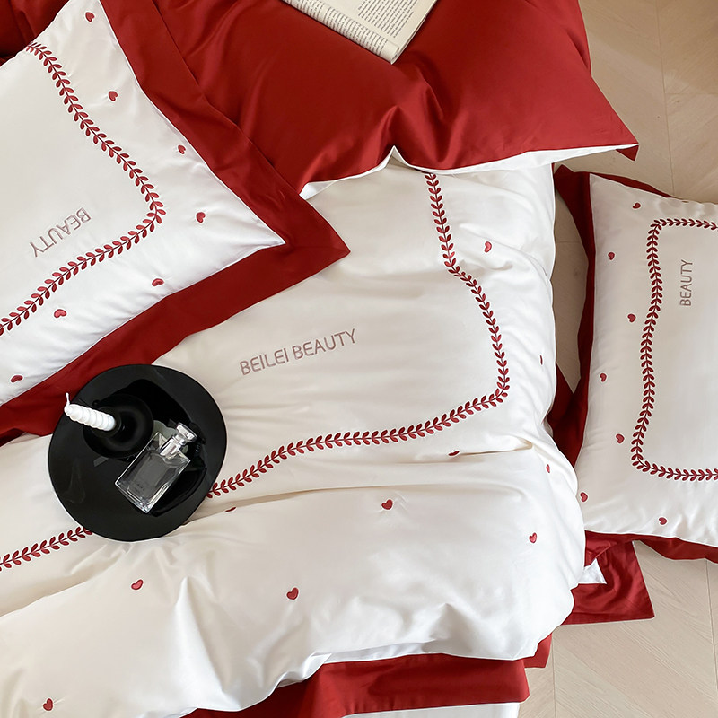 【富山草莓】少女心刺绣小爱心100支澳棉四件套纯棉全棉床单被套