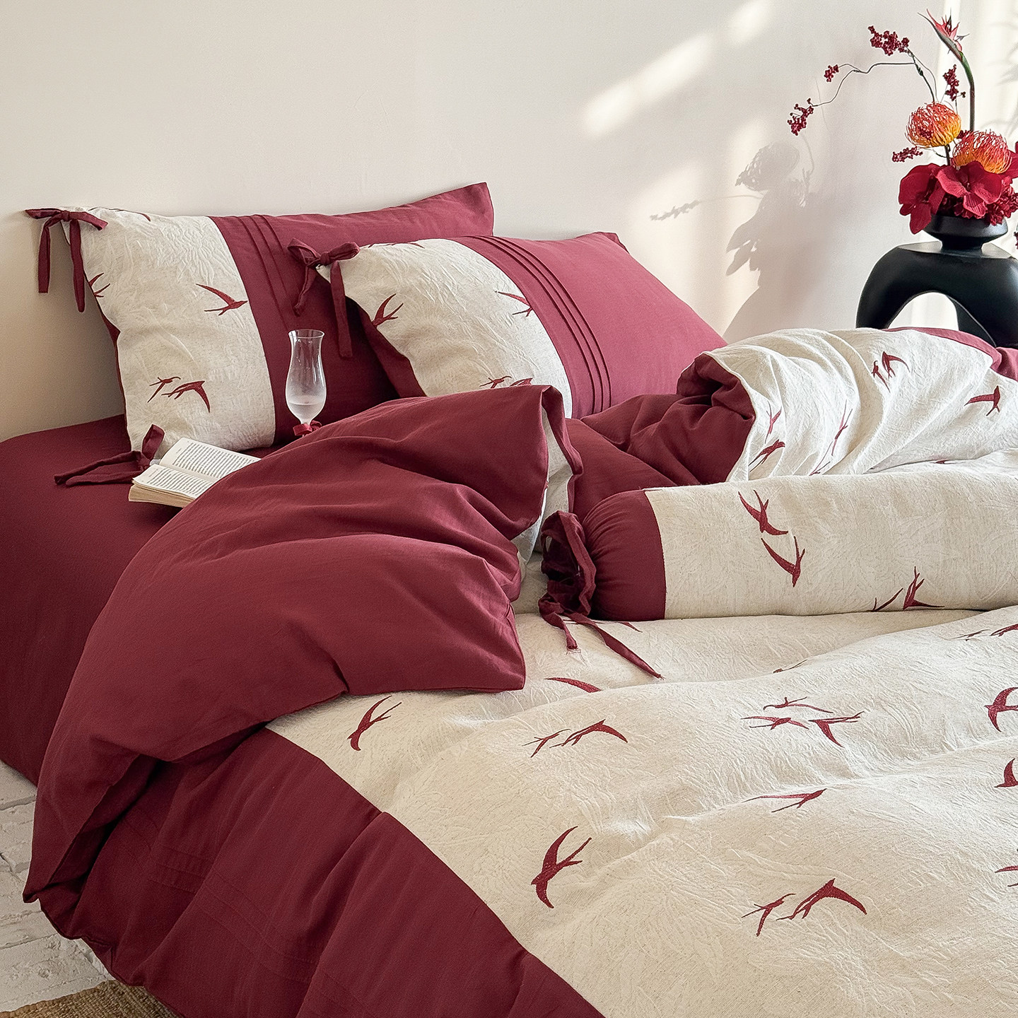 【富山草莓】中式婚庆千纸鹤棉麻床上四件套亲肤亚麻红色结婚床品