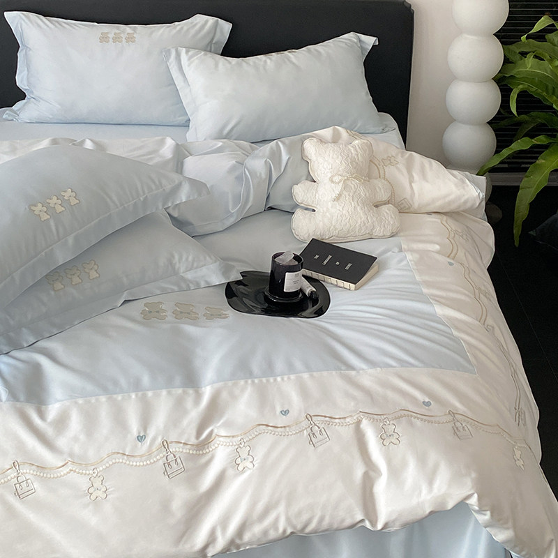 【富山草莓】小清新刺绣小熊120支长绒棉四件套全棉纯棉床单被套