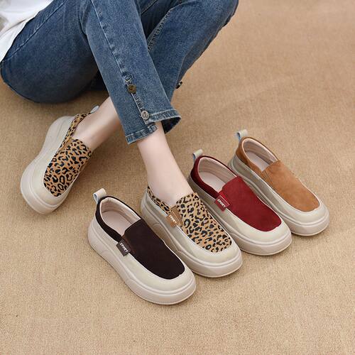 真皮豹纹厚底一脚蹬乐福休闲女鞋