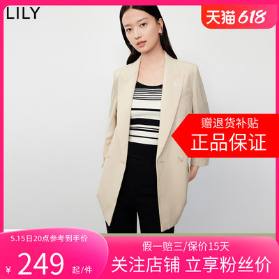 LILY2024春新款女装复古双排扣休闲商务通勤垫肩九分袖西装外套女