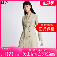 LILY2024春新款女装通勤款气质双排扣干练收腰修身风衣式连衣裙