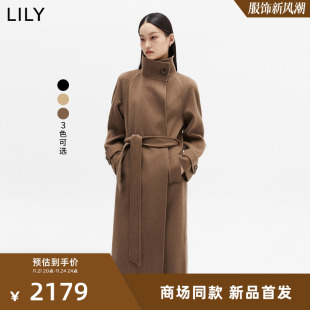 女装 LILY2024春新款 毛呢外套女 专柜甄选 全绵羊毛两穿立领长款