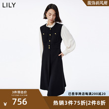 LILY2024春新款女装设计感假两件气质通勤浪漫花边领衬衫连衣裙女