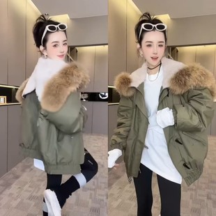 欧货大毛领派克服外套2025秋冬新款 牛角扣披肩领休闲棉服洋气上衣