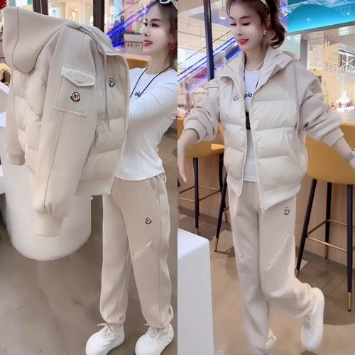 休闲连帽棉服加绒外套卫裤套装女