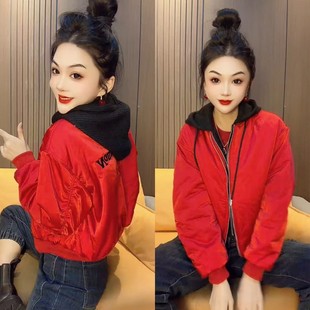 洋气假两件连帽棒球服短外套2026早春新款二棉薄棉休闲欧美风潮女