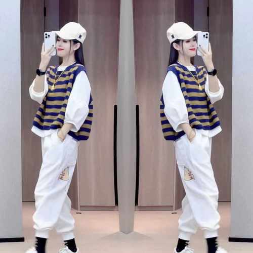 时尚潮牌针织条纹马甲打底衫套装