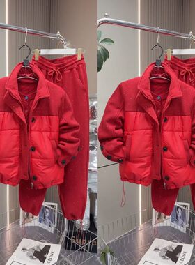 亮闪闪拼接棉服外套束脚裤两件套