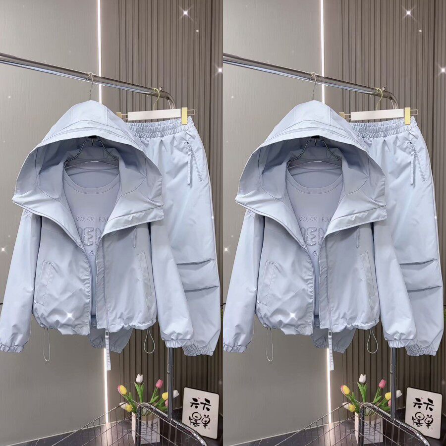 连帽拉链装饰外套工装裤两件套女图片