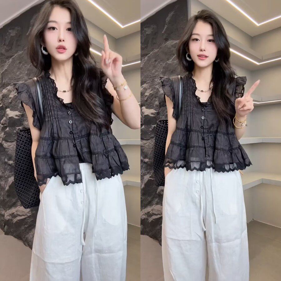 花边娃娃麻衫2025夏季新款时尚短款木耳边菲子袖捏褶短V领小衫爆