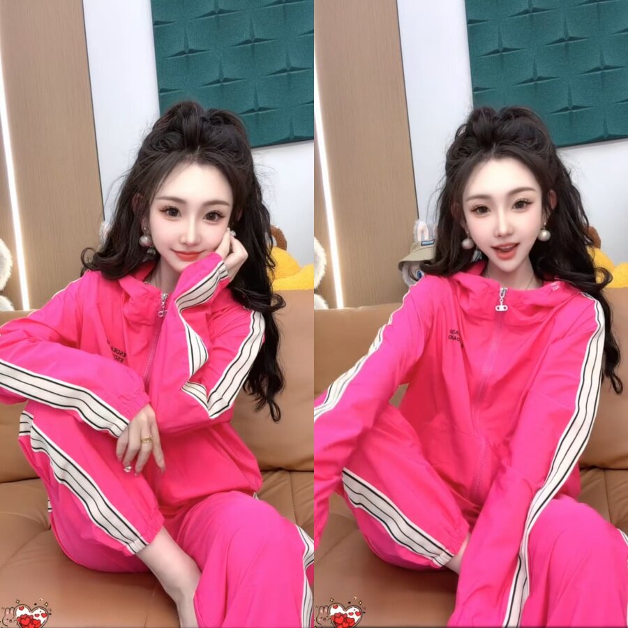 时尚休闲撞色连帽外套长裤防晒套装春夏新款户外出游糖果色两件套