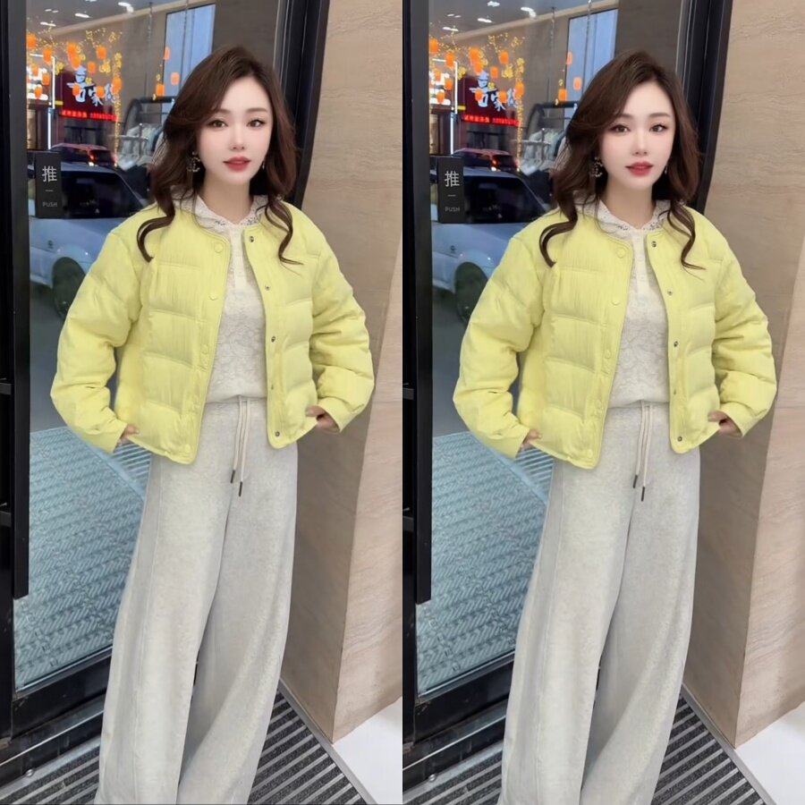 时尚捏褶糖果色薄棉外套早春新款休闲韩版减龄圆领棉衣抽绳百搭女