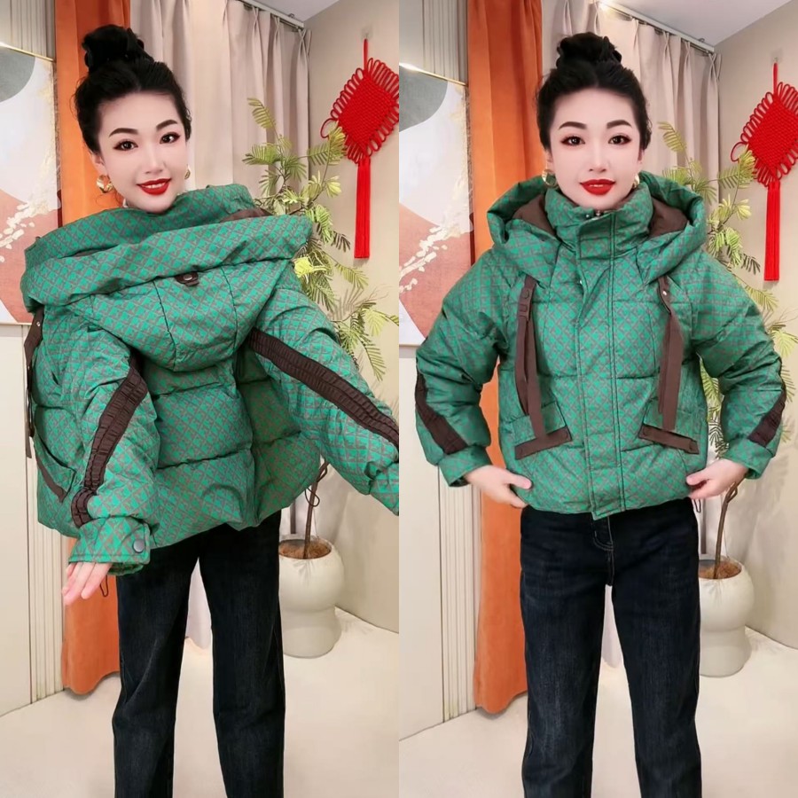 洋气时尚拼色千鸟格连帽棉服冬季