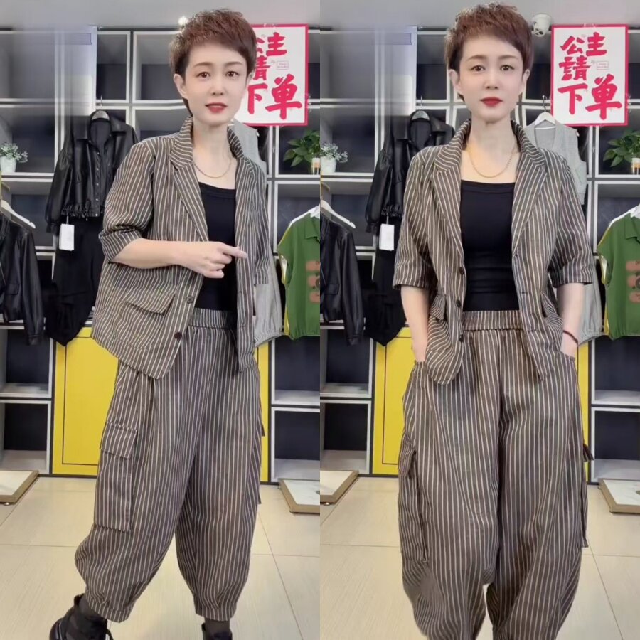 欧货条纹个性西服外套哈伦裤套装2026春夏新款休闲宽松酷帅两件套