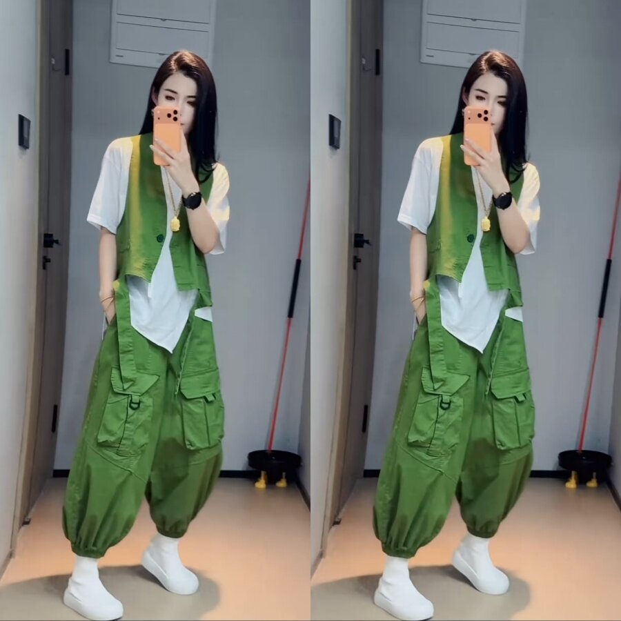 欧货潮牌工装风马甲大兜灯笼裤女图片