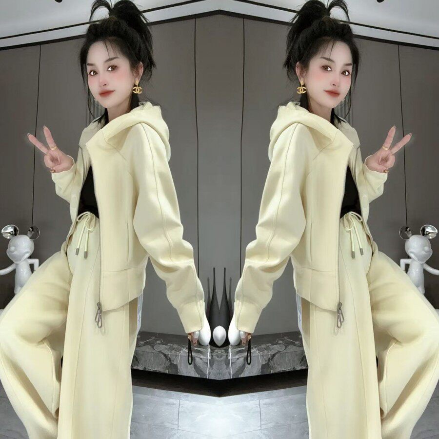 韩系简约糖果色双拉链连帽外套阔腿裤两件套2026春季新款运动休闲