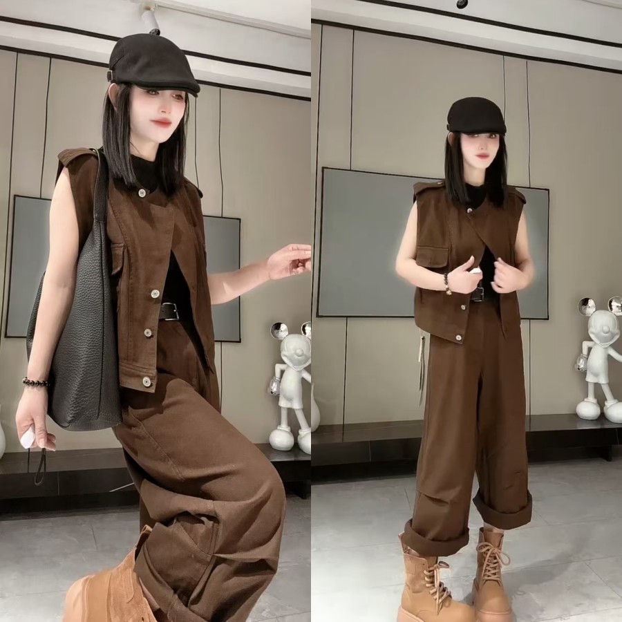 设计师款废土风马甲裤子套装秋女