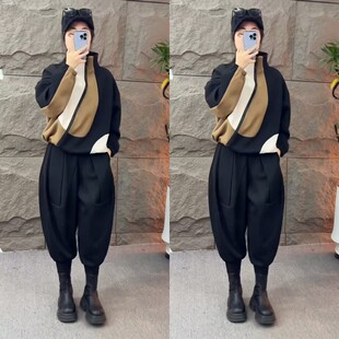 酷帅T恤哈伦裤 设计师款 休闲个性 秋冬新款 斜拉链拼接撞色卫衣垮裤