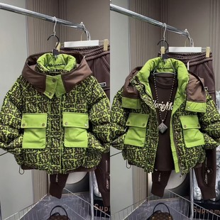 欧货时髦拼接撞色字母棉服2025秋冬新款加厚休闲洋气双兜连帽外套