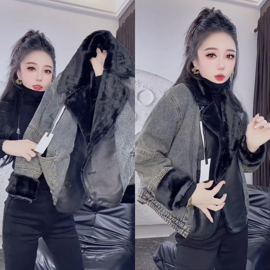 欧货牛仔拼接PU皮翻领毛毛棉外套