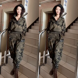 酷飒休闲迷彩半拉链卫衣哈伦裤套装秋冬新款加绒显瘦保暖两件套女