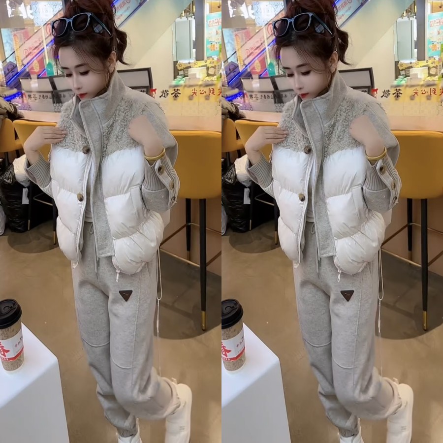 休闲拼接仿羔毛棉服外套加绒卫裤
