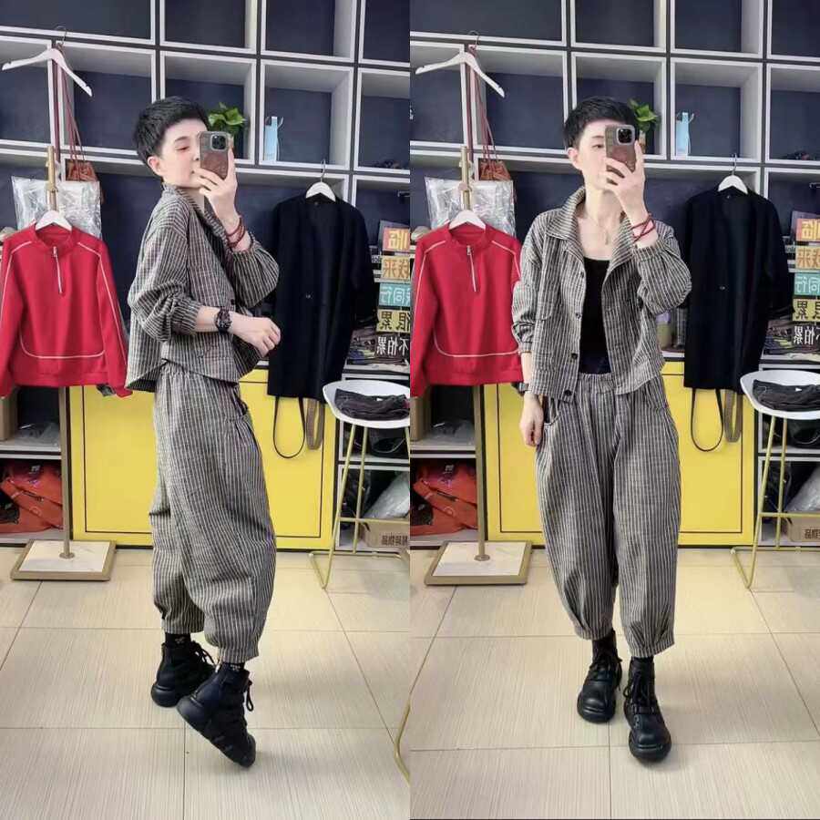 定制版条纹套装2024早秋新款休闲潮牌原宿遮肉显瘦外套灯笼裤套装